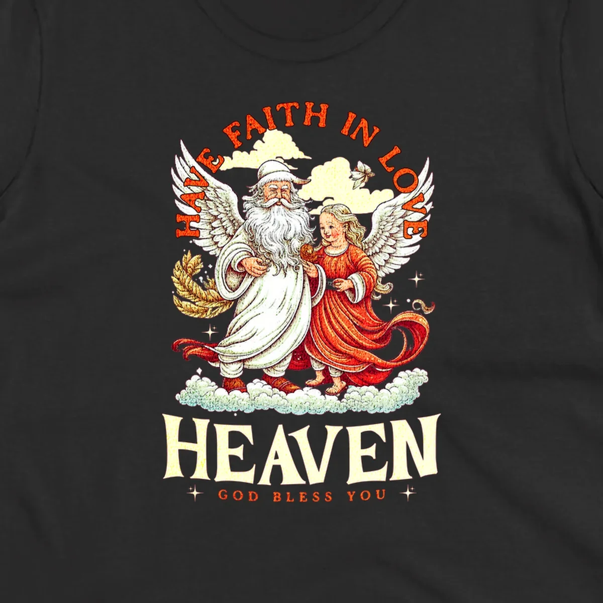 Santa and angel illustration with text HAVE FAITH IN LOVE HEAVEN GOD BLESS YOU, part of the santa-angel-heaven theme.
