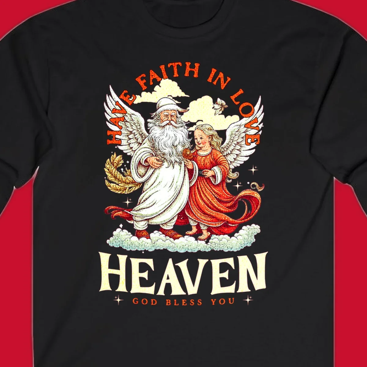 Santa and angel illustration with text HAVE FAITH IN LOVE HEAVEN GOD BLESS YOU, part of the santa-angel-heaven theme.
