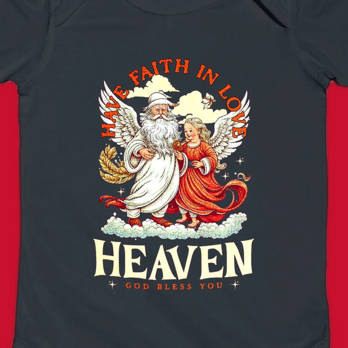 Santa and angel illustration with text HAVE FAITH IN LOVE HEAVEN GOD BLESS YOU, part of the santa-angel-heaven theme.