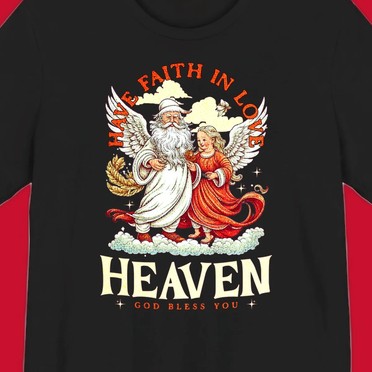 Santa and angel illustration with text HAVE FAITH IN LOVE HEAVEN GOD BLESS YOU, part of the santa-angel-heaven theme.