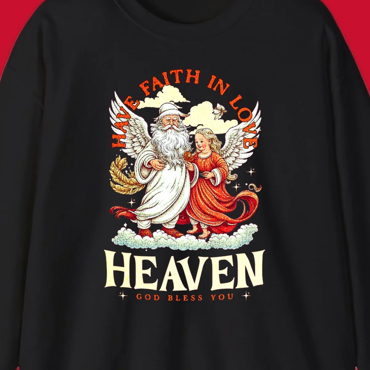 Santa and angel illustration with text HAVE FAITH IN LOVE HEAVEN GOD BLESS YOU, part of the santa-angel-heaven theme.