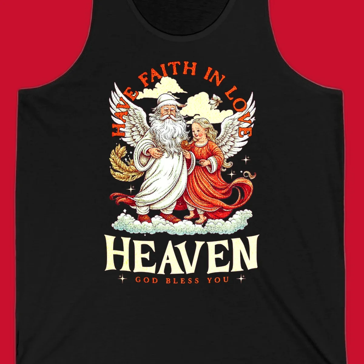 Santa and angel illustration with text HAVE FAITH IN LOVE HEAVEN GOD BLESS YOU, part of the santa-angel-heaven theme.