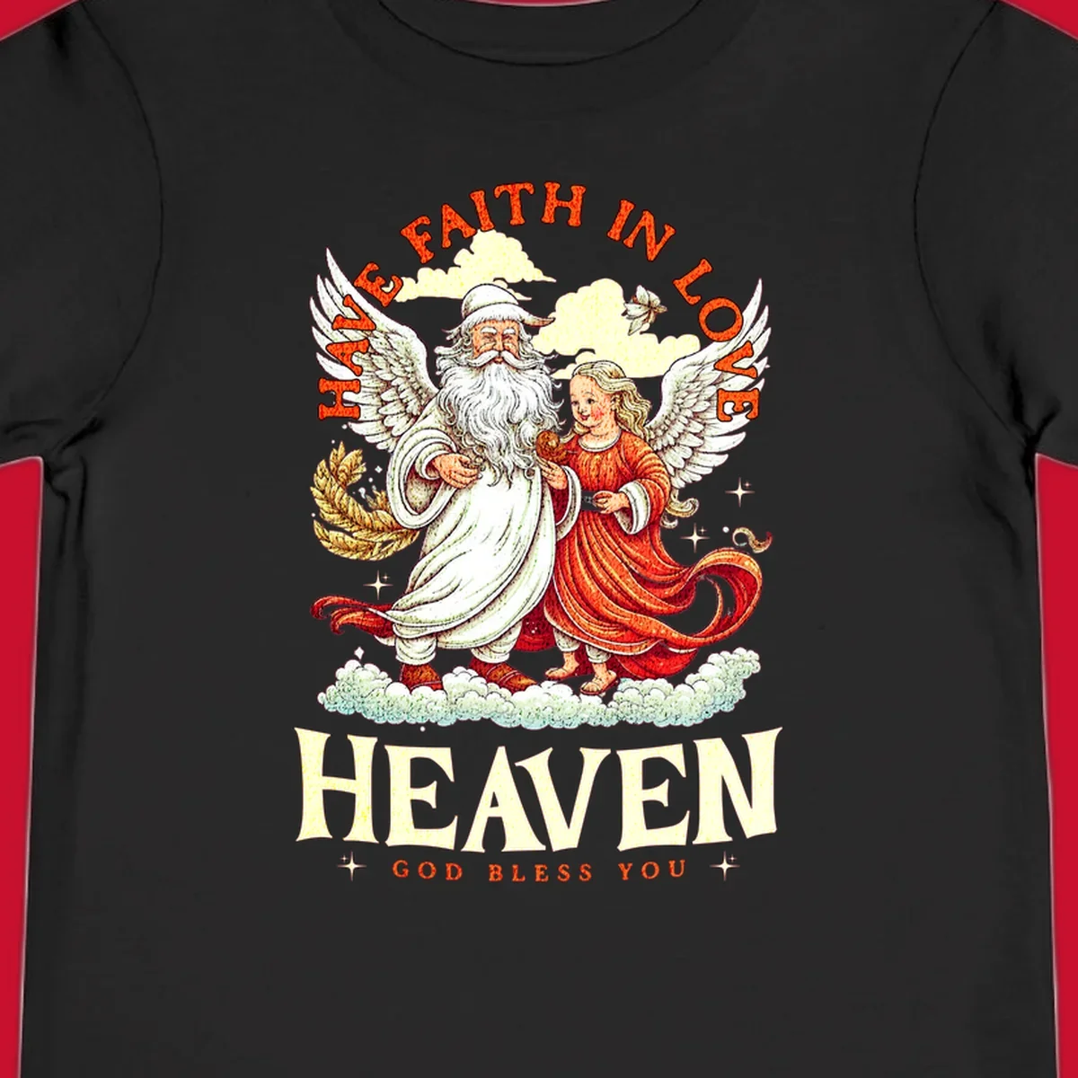 Santa and angel illustration with text HAVE FAITH IN LOVE HEAVEN GOD BLESS YOU, part of the santa-angel-heaven theme.