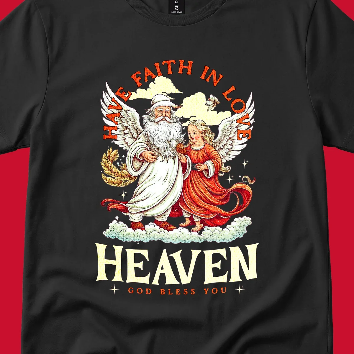 Santa and angel illustration with text HAVE FAITH IN LOVE HEAVEN GOD BLESS YOU, part of the santa-angel-heaven theme.