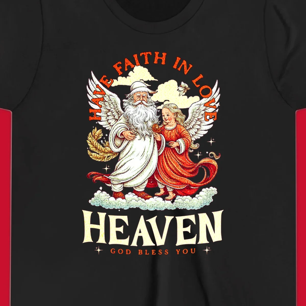 Santa and angel illustration with text HAVE FAITH IN LOVE HEAVEN GOD BLESS YOU, part of the santa-angel-heaven theme.