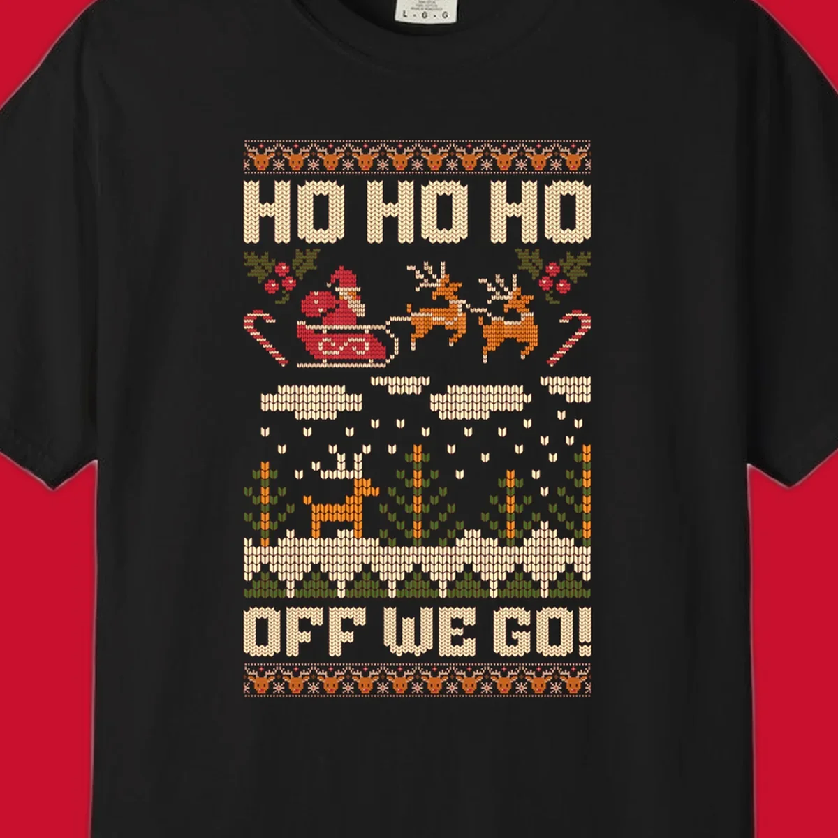 Santa Claus in a sleigh with reindeer, text 'HO HO HO OFF WE GO!' - santa-sleigh-christmas design.