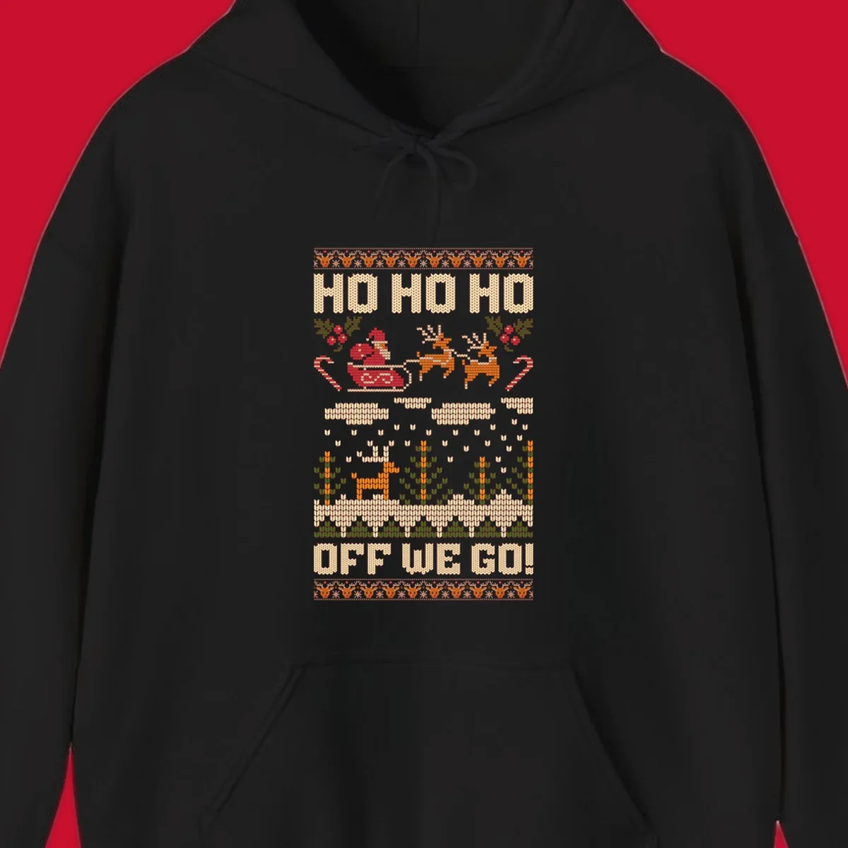 Santa Claus in a sleigh with reindeer, text 'HO HO HO OFF WE GO!' - santa-sleigh-christmas design.