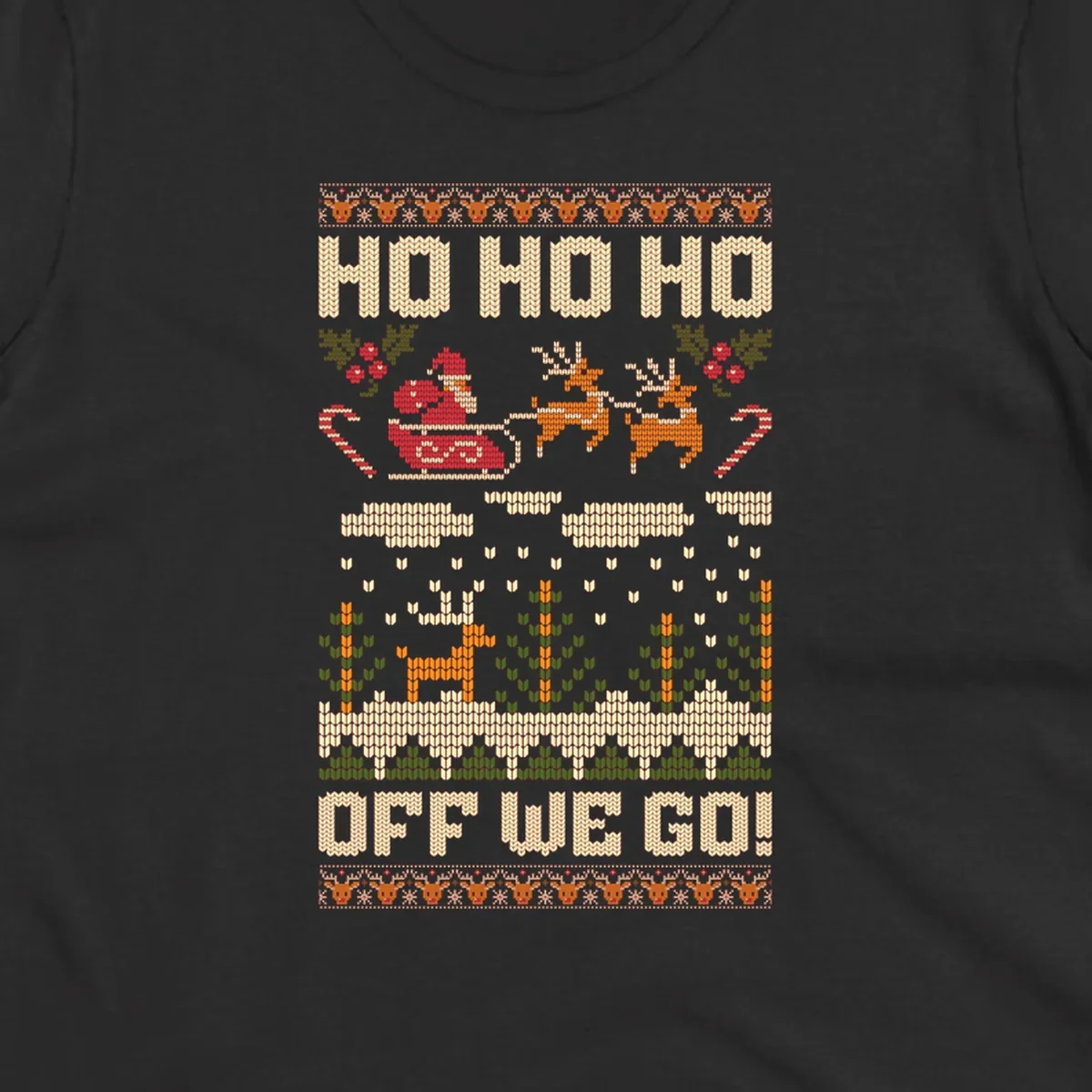 Santa Claus in a sleigh with reindeer, text 'HO HO HO OFF WE GO!' - santa-sleigh-christmas design.
