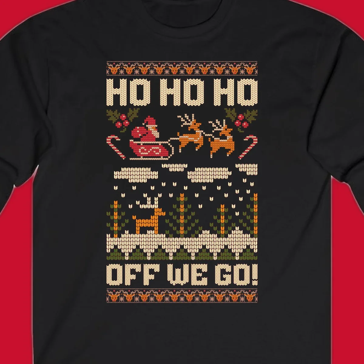 Santa Claus in a sleigh with reindeer, text 'HO HO HO OFF WE GO!' - santa-sleigh-christmas design.