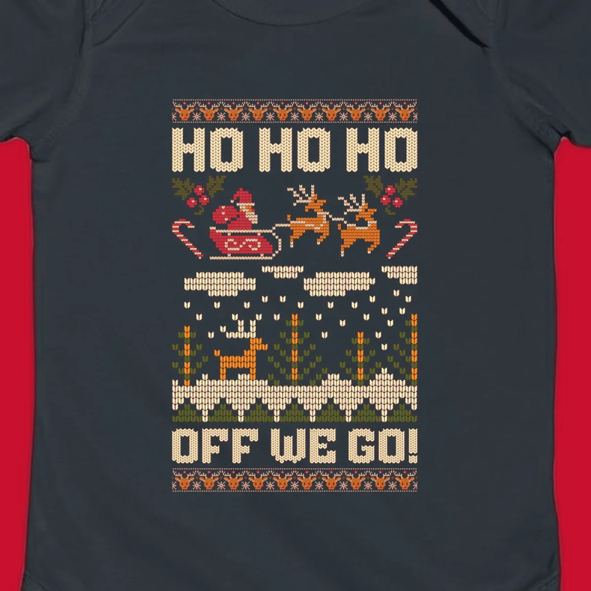Santa Claus in a sleigh with reindeer, text 'HO HO HO OFF WE GO!' - santa-sleigh-christmas design.