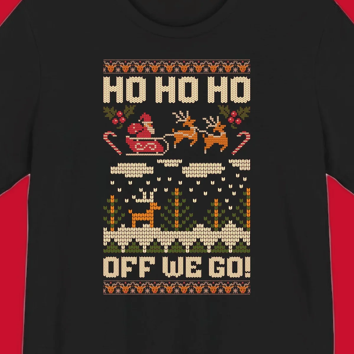 Santa Claus in a sleigh with reindeer, text 'HO HO HO OFF WE GO!' - santa-sleigh-christmas design.