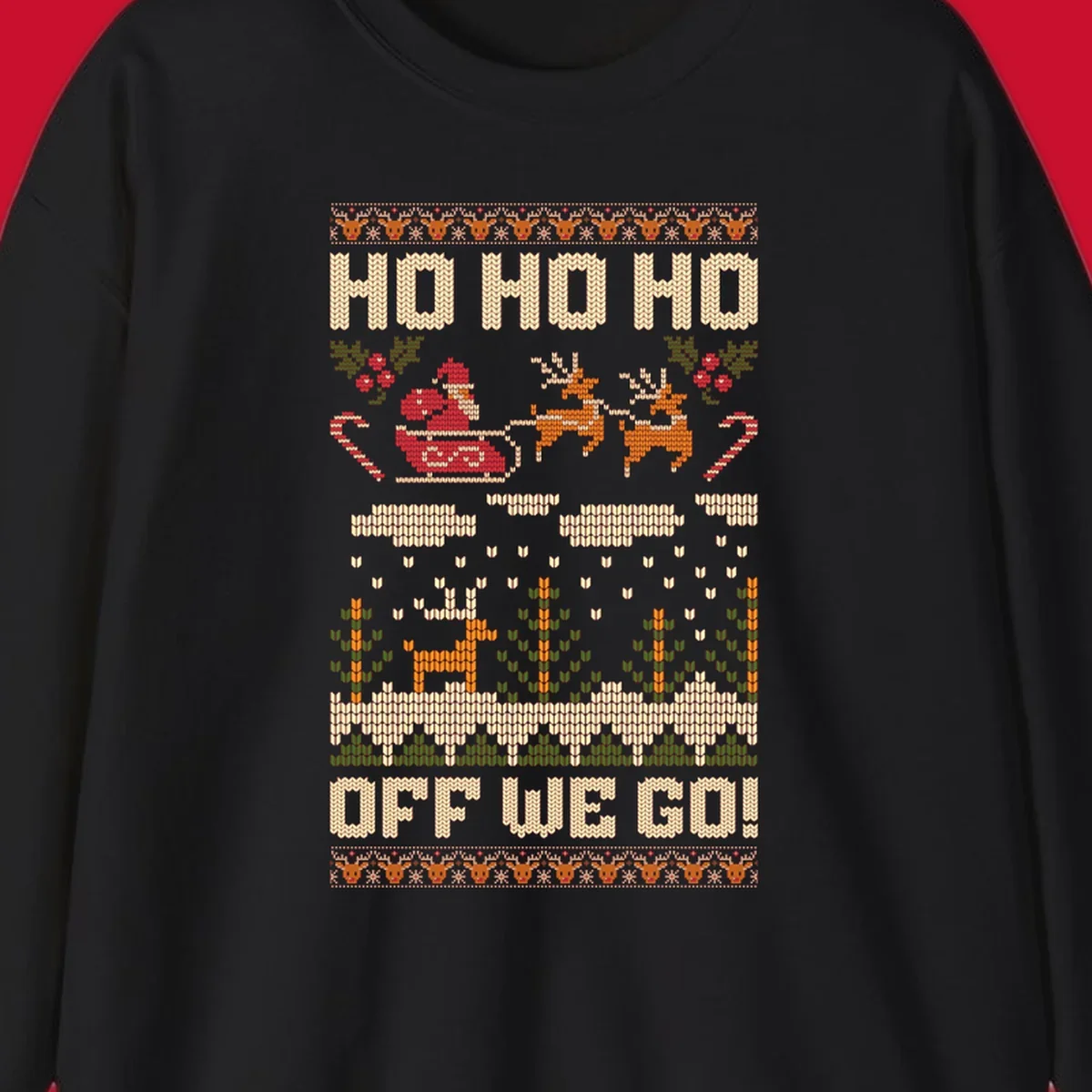 Santa Claus in a sleigh with reindeer, text 'HO HO HO OFF WE GO!' - santa-sleigh-christmas design.