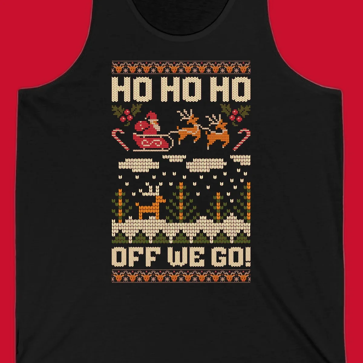 Santa Claus in a sleigh with reindeer, text 'HO HO HO OFF WE GO!' - santa-sleigh-christmas design.