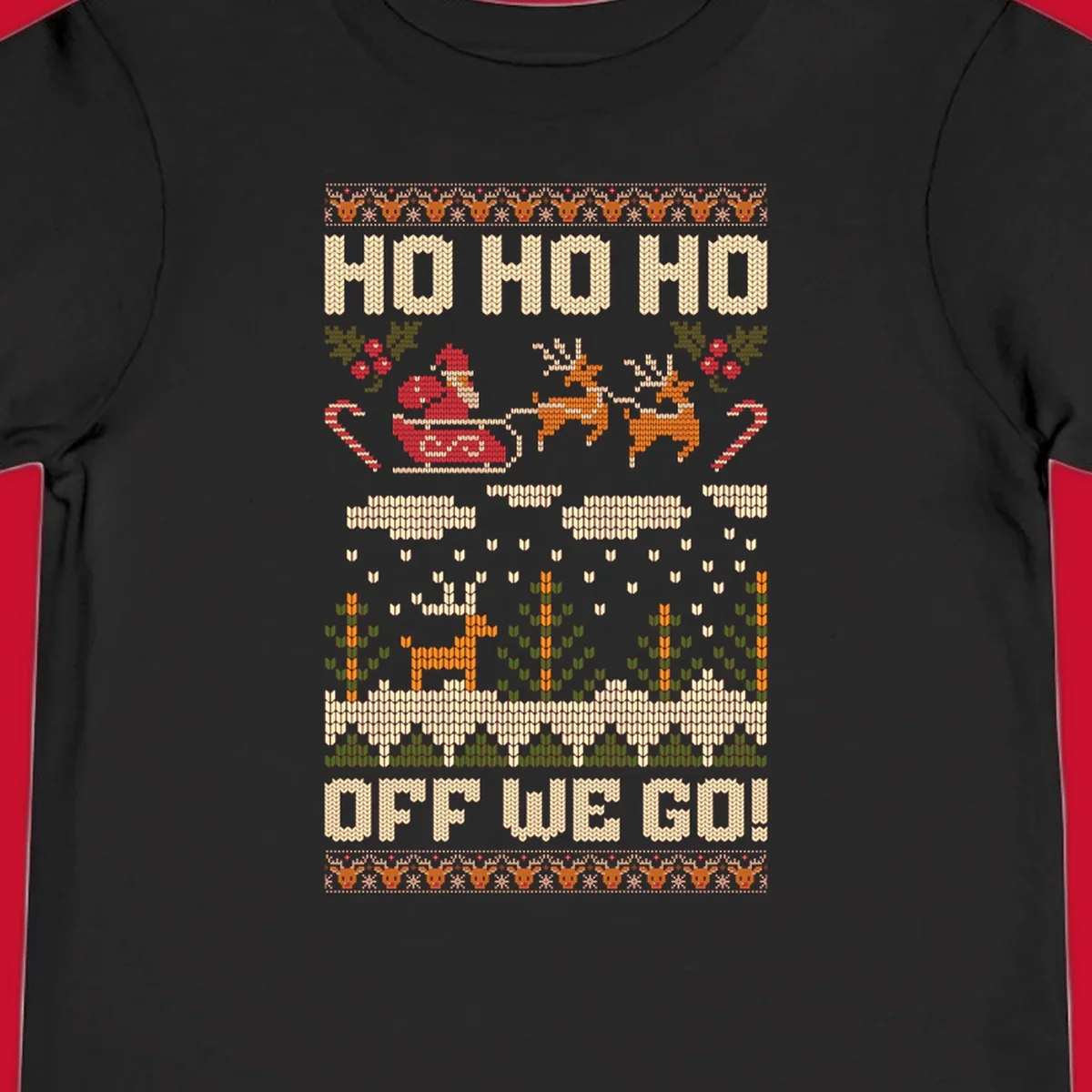 Santa Claus in a sleigh with reindeer, text 'HO HO HO OFF WE GO!' - santa-sleigh-christmas design.
