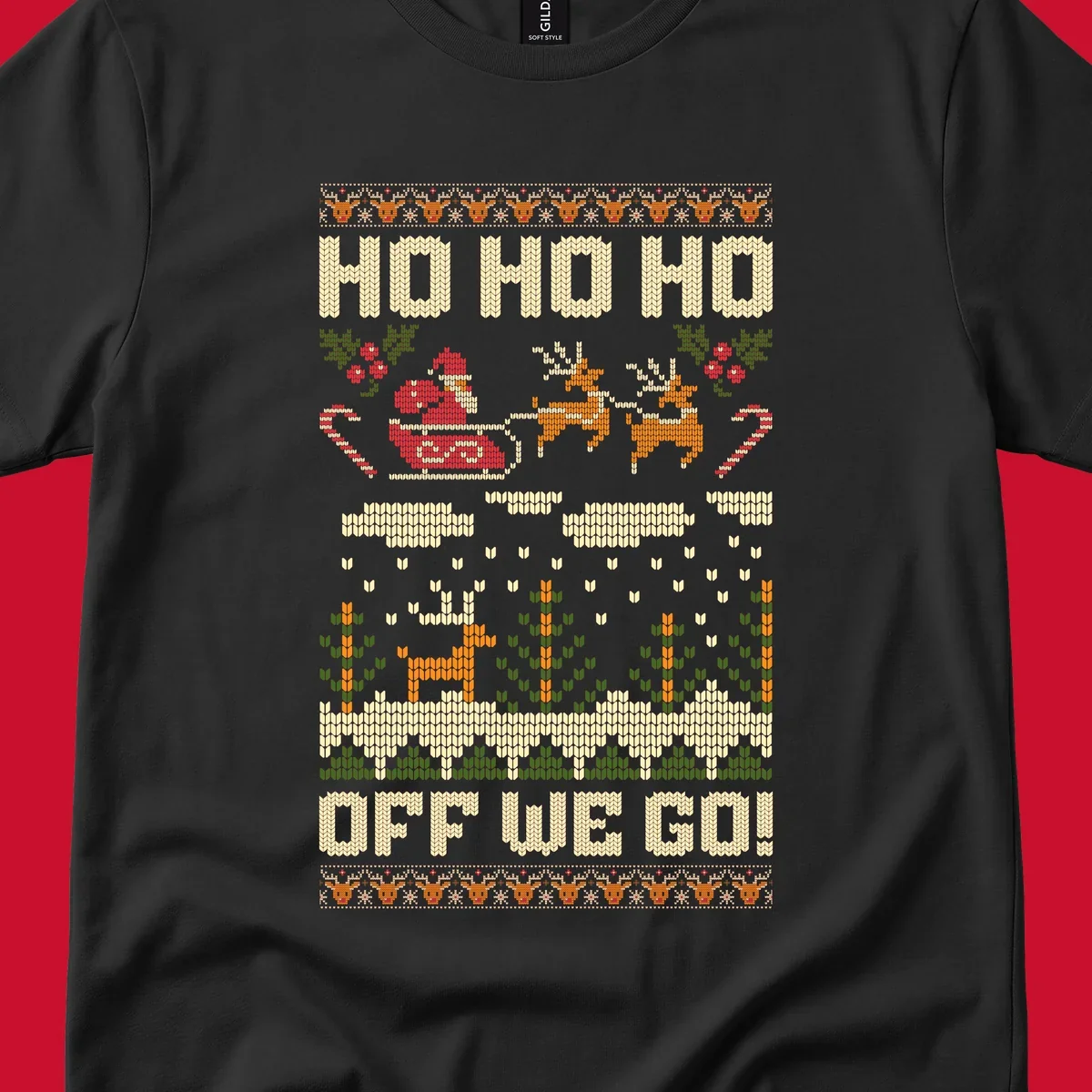 Santa Claus in a sleigh with reindeer, text 'HO HO HO OFF WE GO!' - santa-sleigh-christmas design.