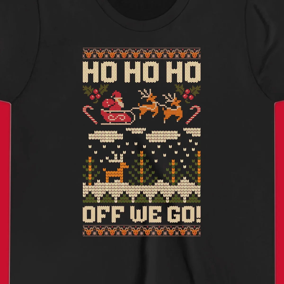 Santa Claus in a sleigh with reindeer, text 'HO HO HO OFF WE GO!' - santa-sleigh-christmas design.