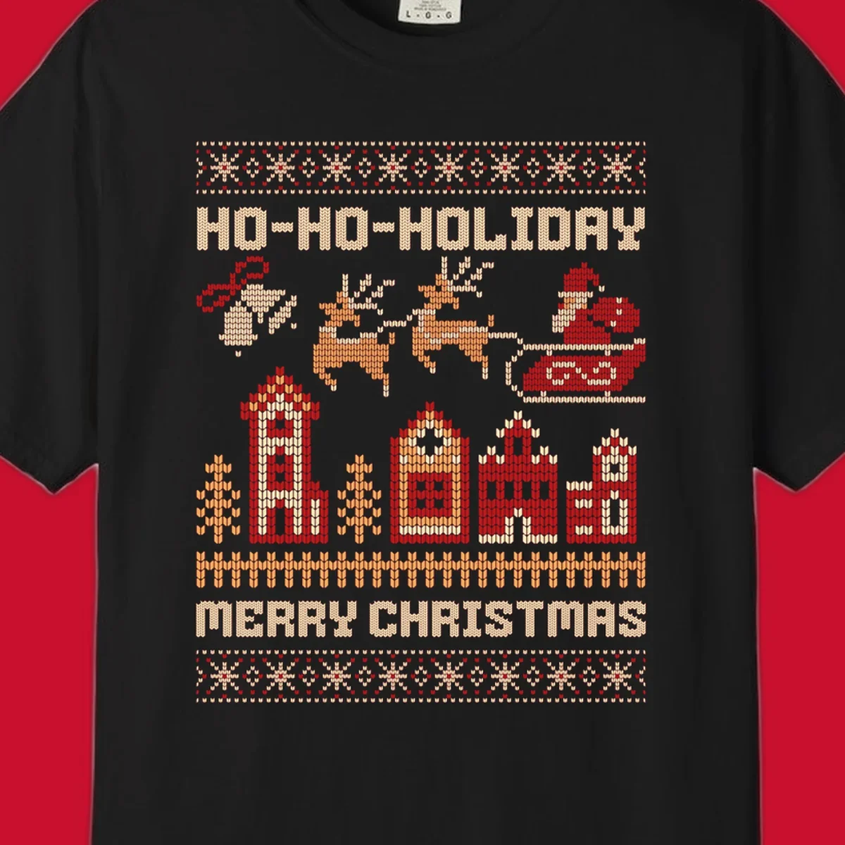 Ugly Christmas village with Santa and reindeer, text HO-HO-HOLIDAY MERRY CHRISTMAS.