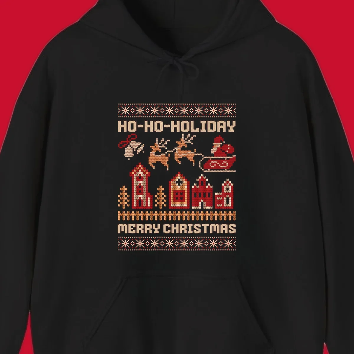 Ugly Christmas village with Santa and reindeer, text HO-HO-HOLIDAY MERRY CHRISTMAS.