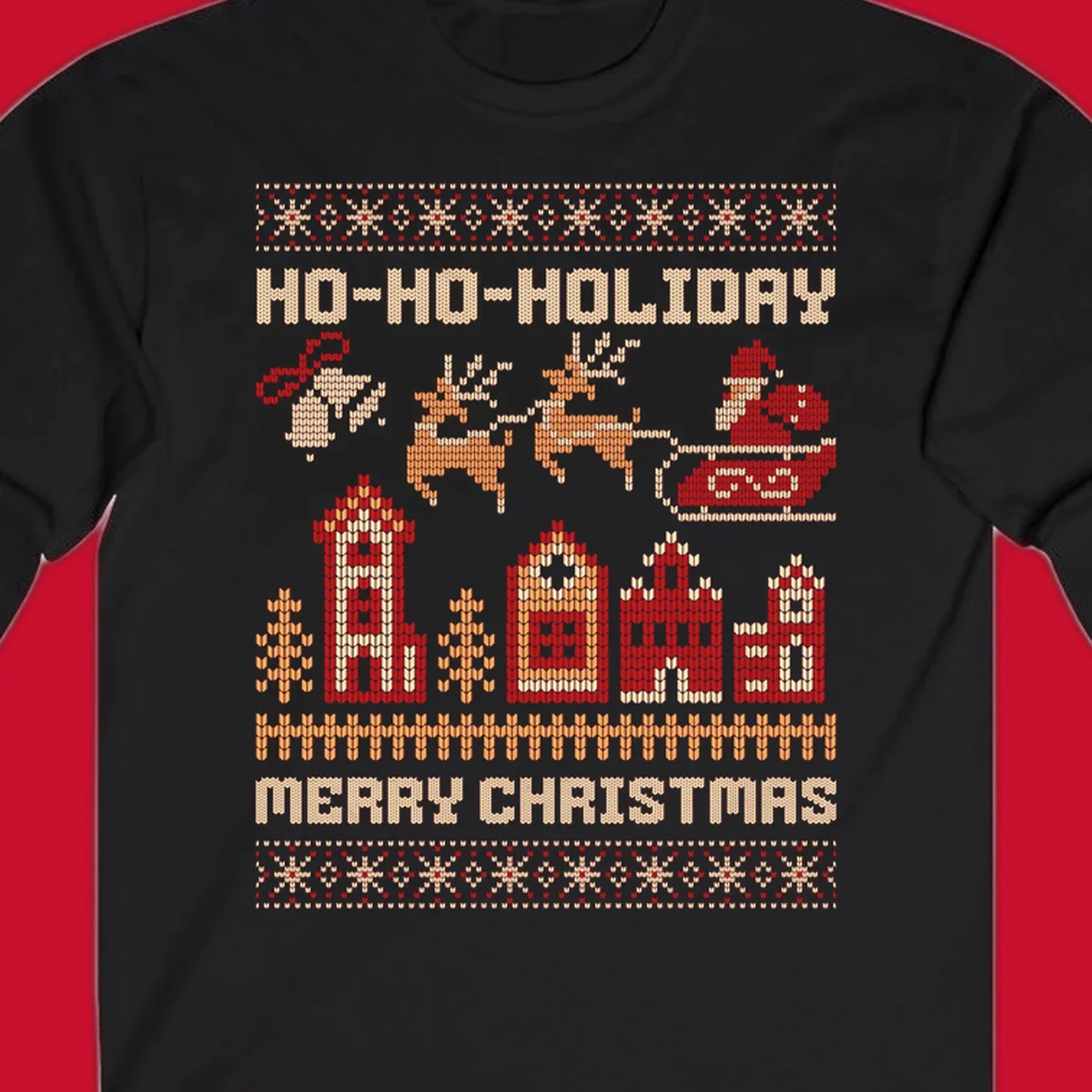 Ugly Christmas village with Santa and reindeer, text HO-HO-HOLIDAY MERRY CHRISTMAS.