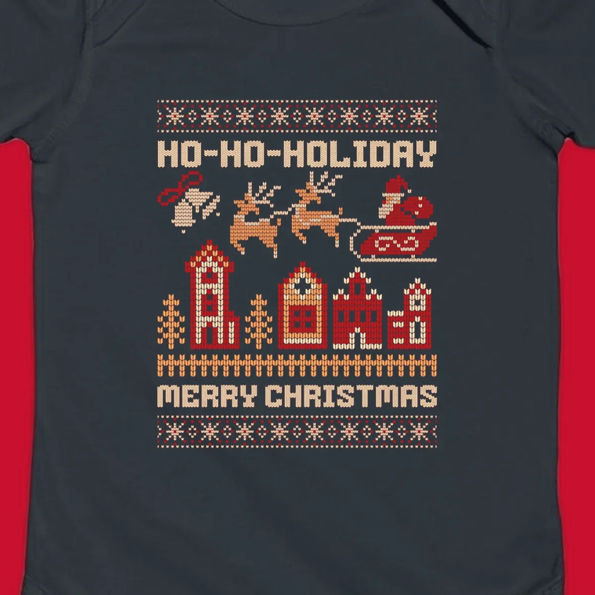 Ugly Christmas village with Santa and reindeer, text HO-HO-HOLIDAY MERRY CHRISTMAS.