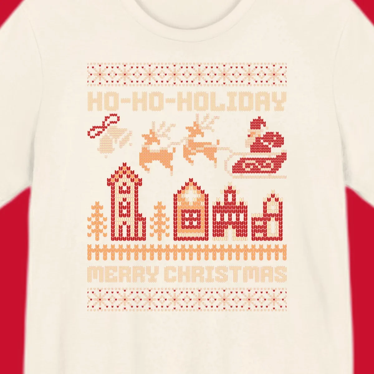 Ugly Christmas village with Santa and reindeer, text HO-HO-HOLIDAY MERRY CHRISTMAS.