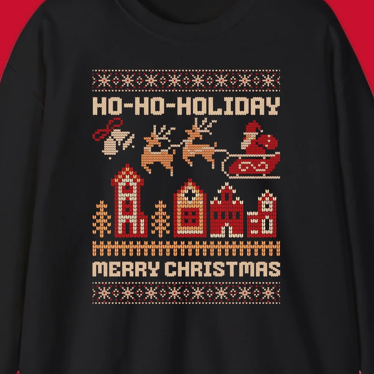 Ugly Christmas village with Santa and reindeer, text HO-HO-HOLIDAY MERRY CHRISTMAS.