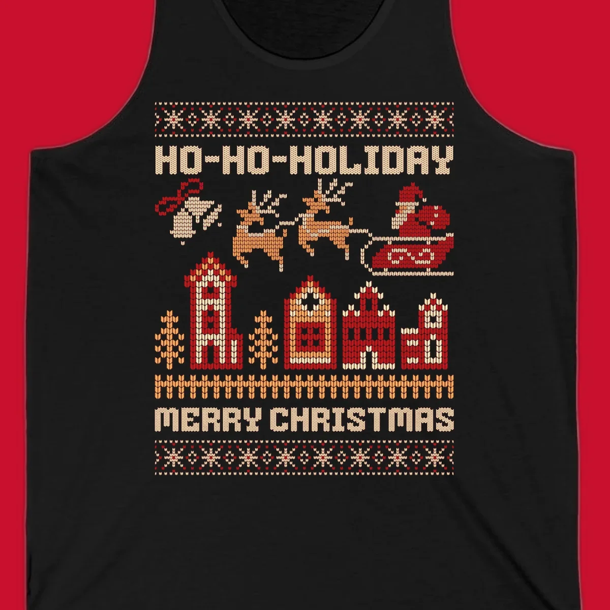 Ugly Christmas village with Santa and reindeer, text HO-HO-HOLIDAY MERRY CHRISTMAS.