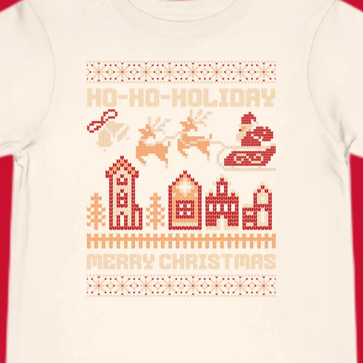 Ugly Christmas village with Santa and reindeer, text HO-HO-HOLIDAY MERRY CHRISTMAS.