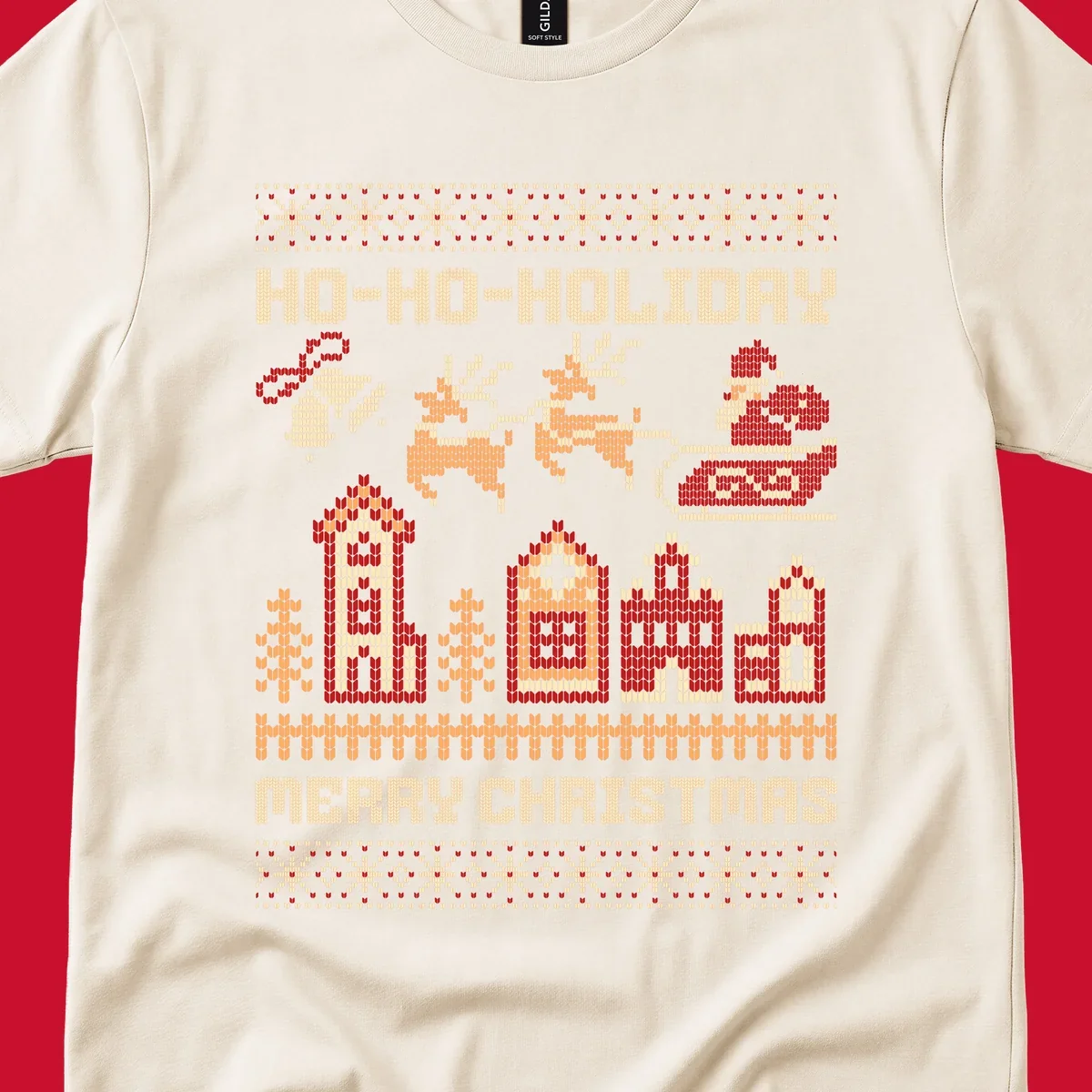 Ugly Christmas village with Santa and reindeer, text HO-HO-HOLIDAY MERRY CHRISTMAS.