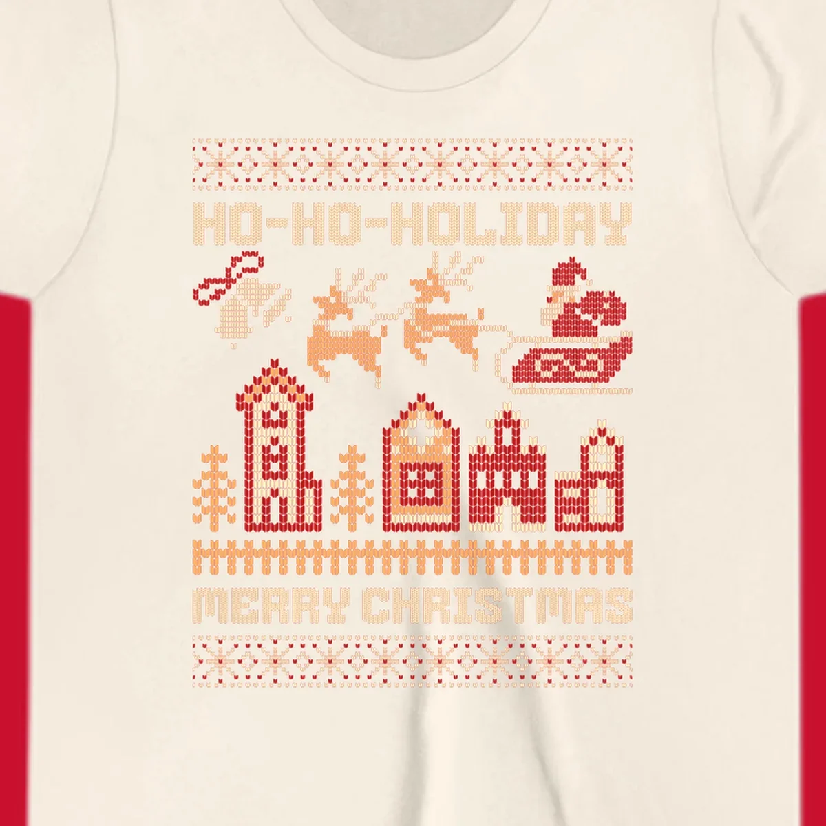 Ugly Christmas village with Santa and reindeer, text HO-HO-HOLIDAY MERRY CHRISTMAS.