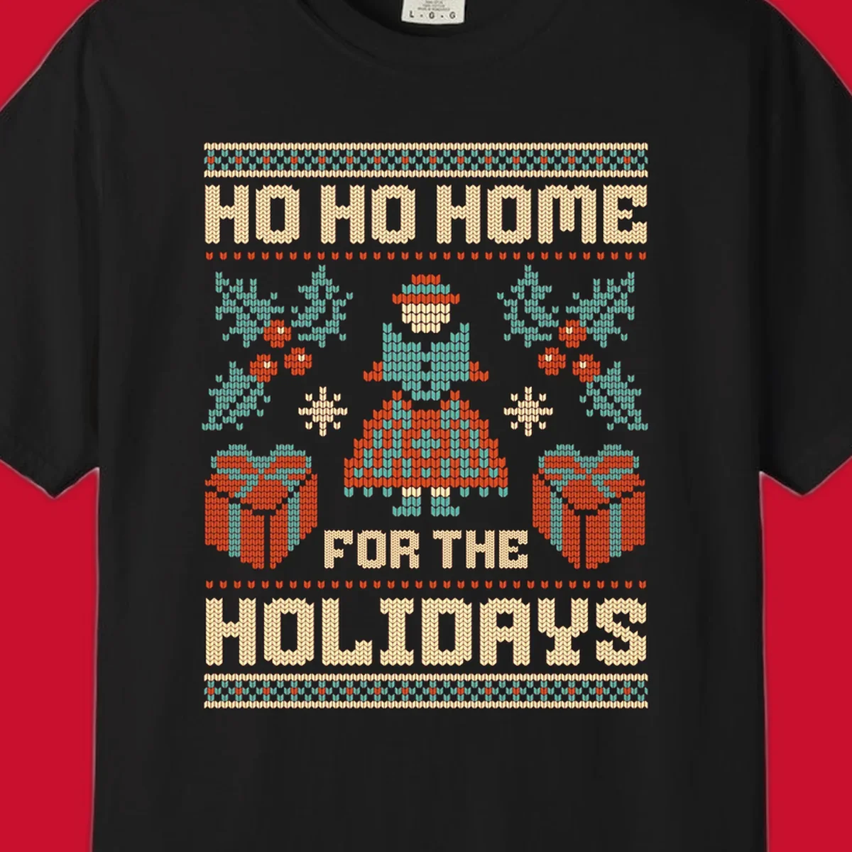 Ugly Christmas sweater design with 'HO HO HOME FOR THE HOLIDAYS' text, woman, gifts, and festive motifs.