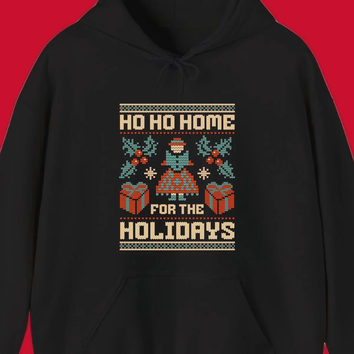 Ugly Christmas sweater design with 'HO HO HOME FOR THE HOLIDAYS' text, woman, gifts, and festive motifs.