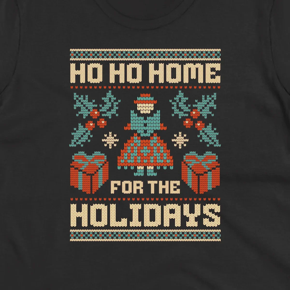 Ugly Christmas sweater design with 'HO HO HOME FOR THE HOLIDAYS' text, woman, gifts, and festive motifs.