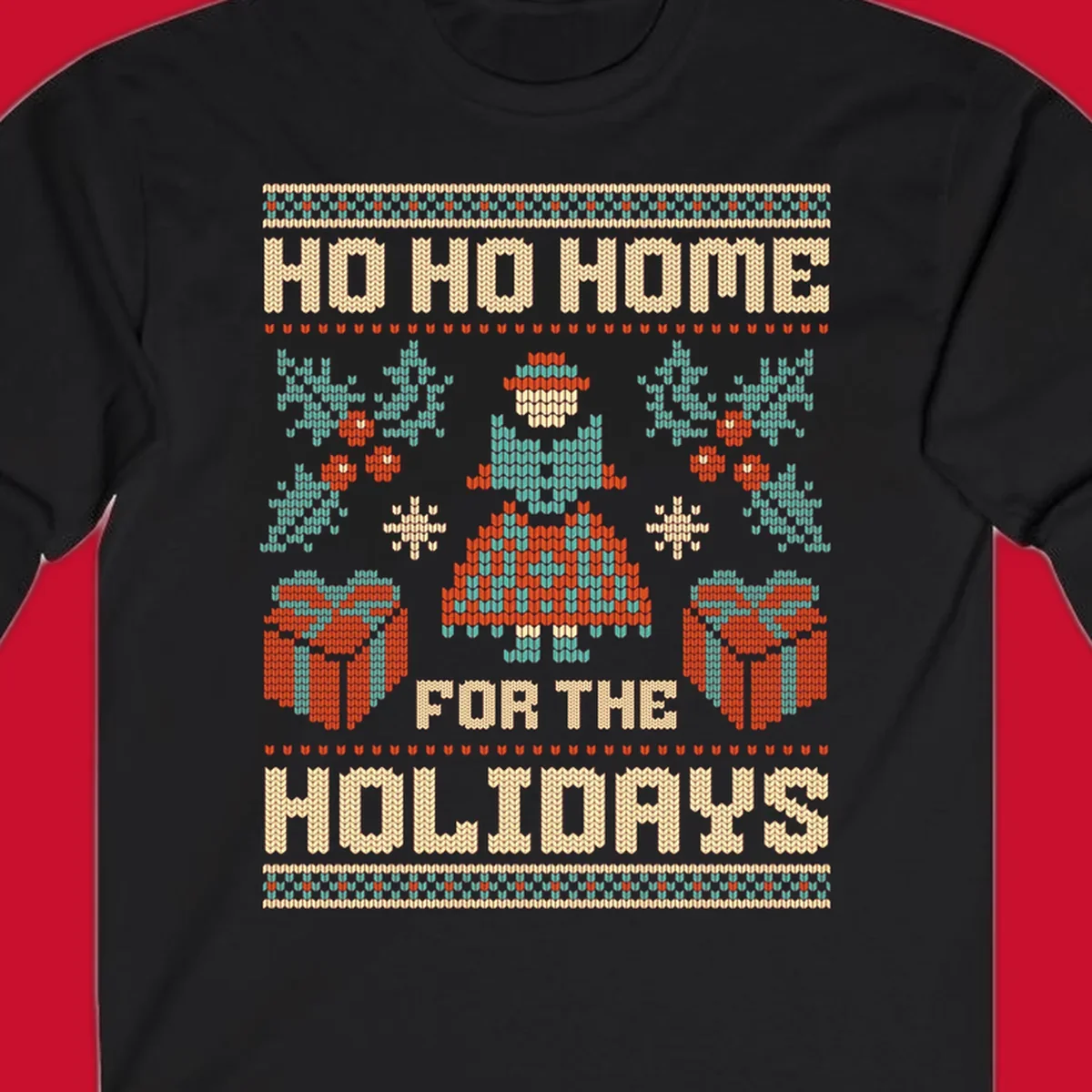 Ugly Christmas sweater design with 'HO HO HOME FOR THE HOLIDAYS' text, woman, gifts, and festive motifs.