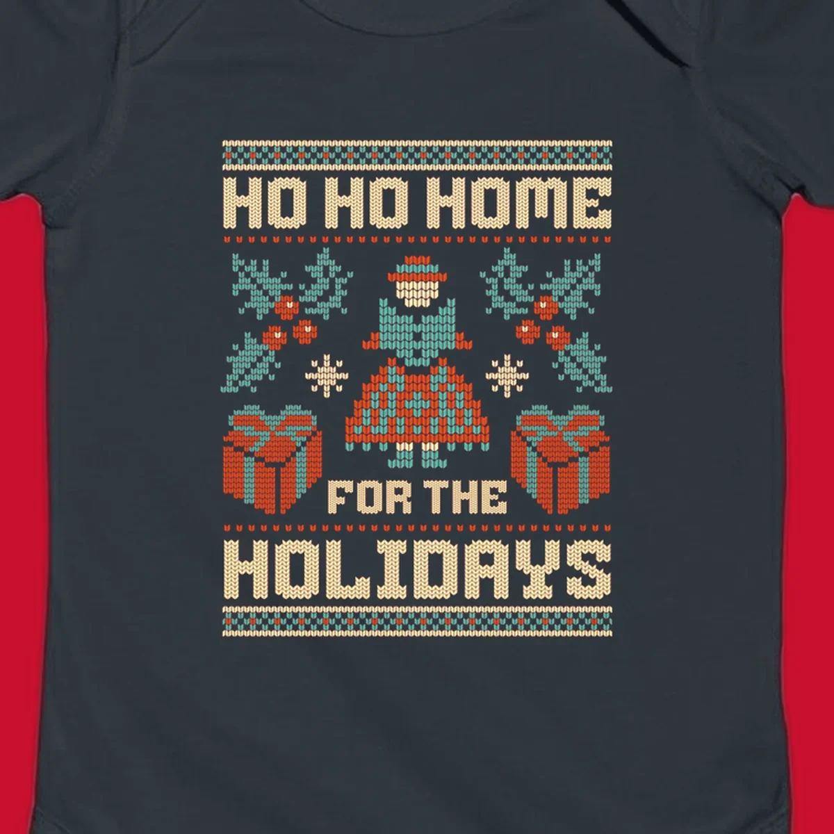 Ugly Christmas sweater design with 'HO HO HOME FOR THE HOLIDAYS' text, woman, gifts, and festive motifs.