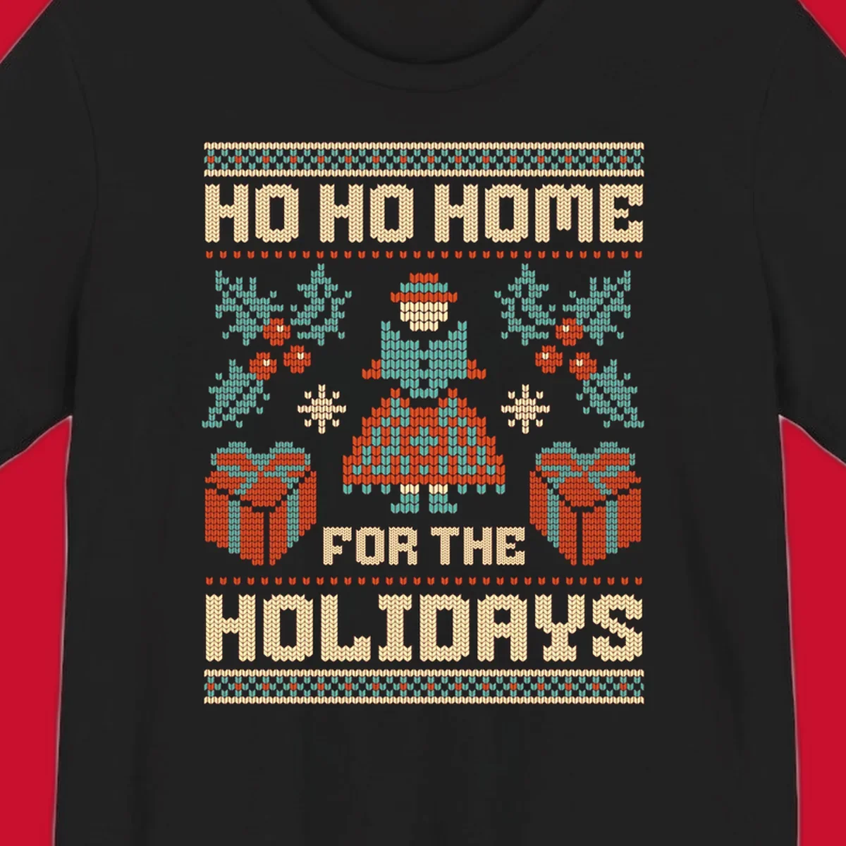Ugly Christmas sweater design with 'HO HO HOME FOR THE HOLIDAYS' text, woman, gifts, and festive motifs.