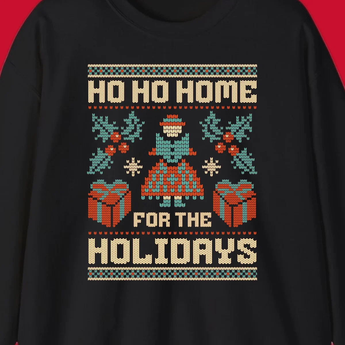 Ugly Christmas sweater design with 'HO HO HOME FOR THE HOLIDAYS' text, woman, gifts, and festive motifs.