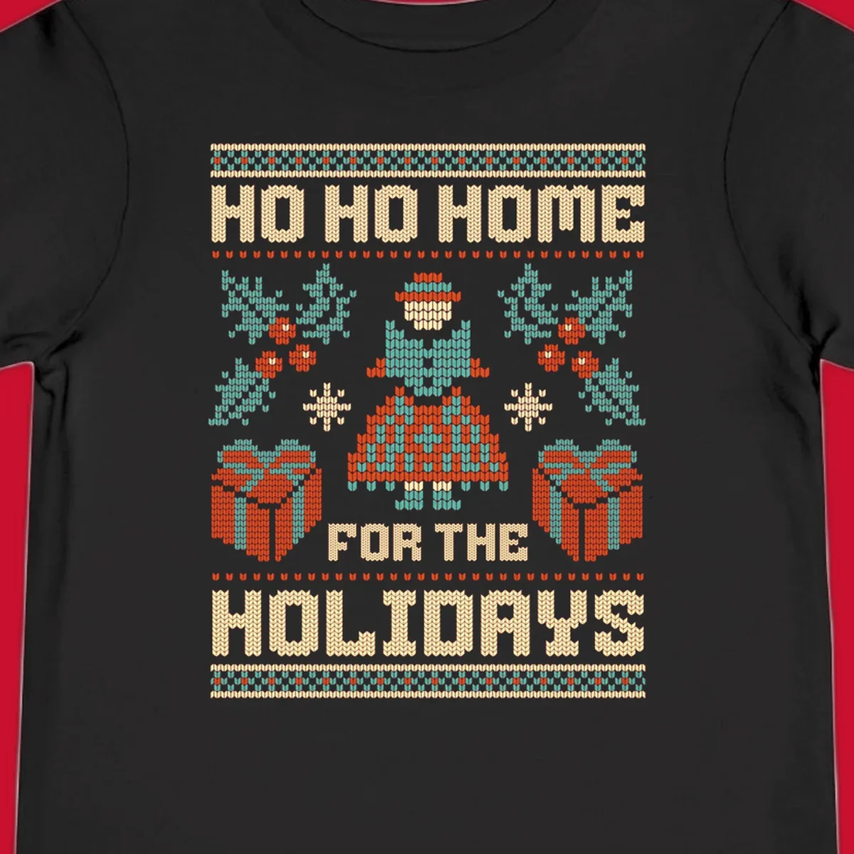 Ugly Christmas sweater design with 'HO HO HOME FOR THE HOLIDAYS' text, woman, gifts, and festive motifs.