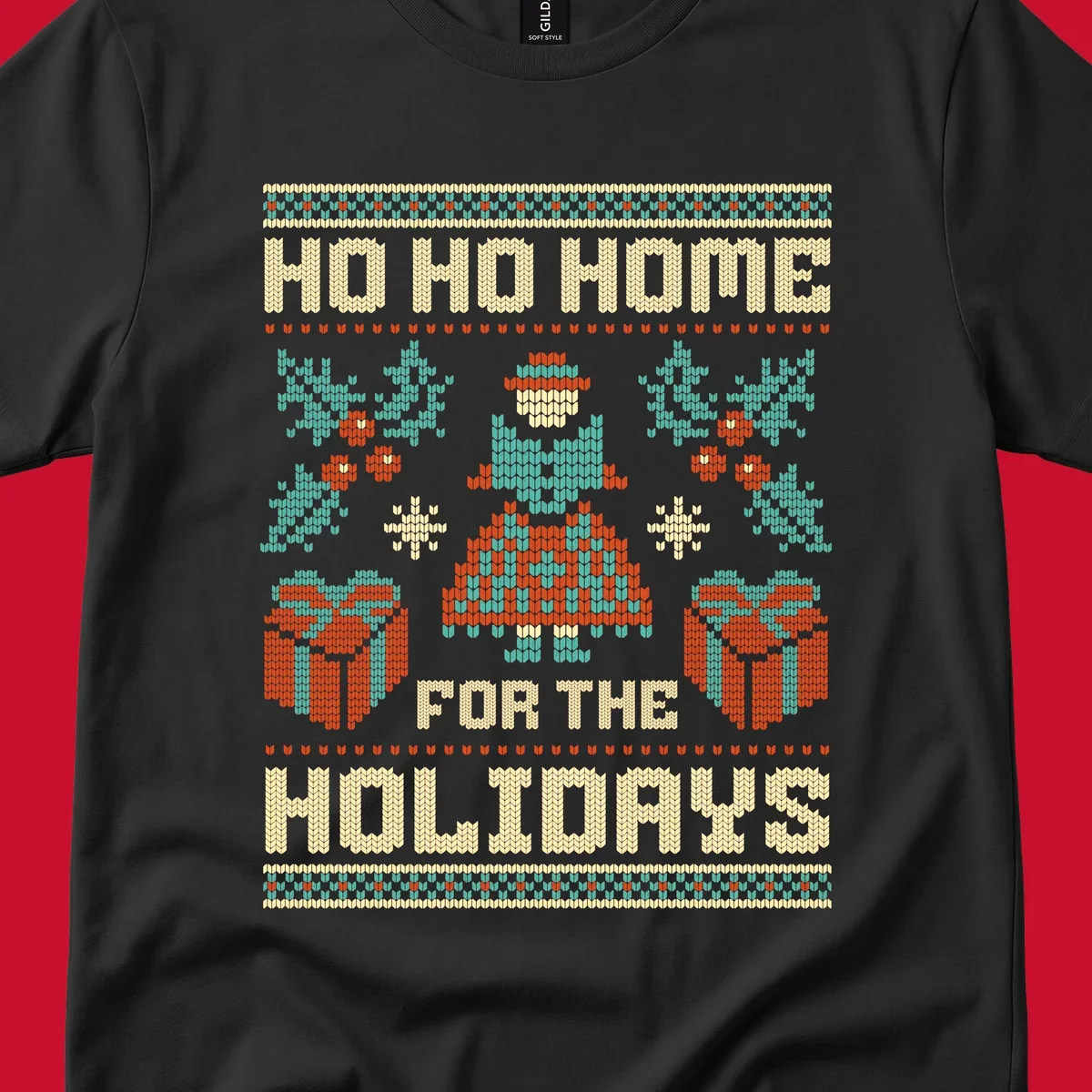 Ugly Christmas sweater design with 'HO HO HOME FOR THE HOLIDAYS' text, woman, gifts, and festive motifs.