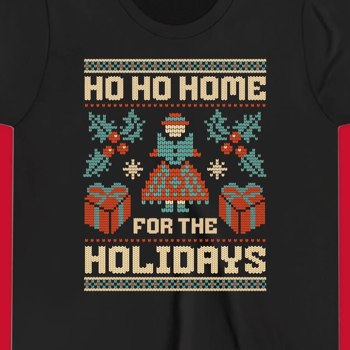 Ugly Christmas sweater design with 'HO HO HOME FOR THE HOLIDAYS' text, woman, gifts, and festive motifs.