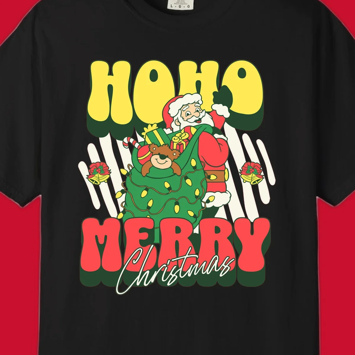 Ho ho christmas santa claus illustration with text, gifts, and lights.