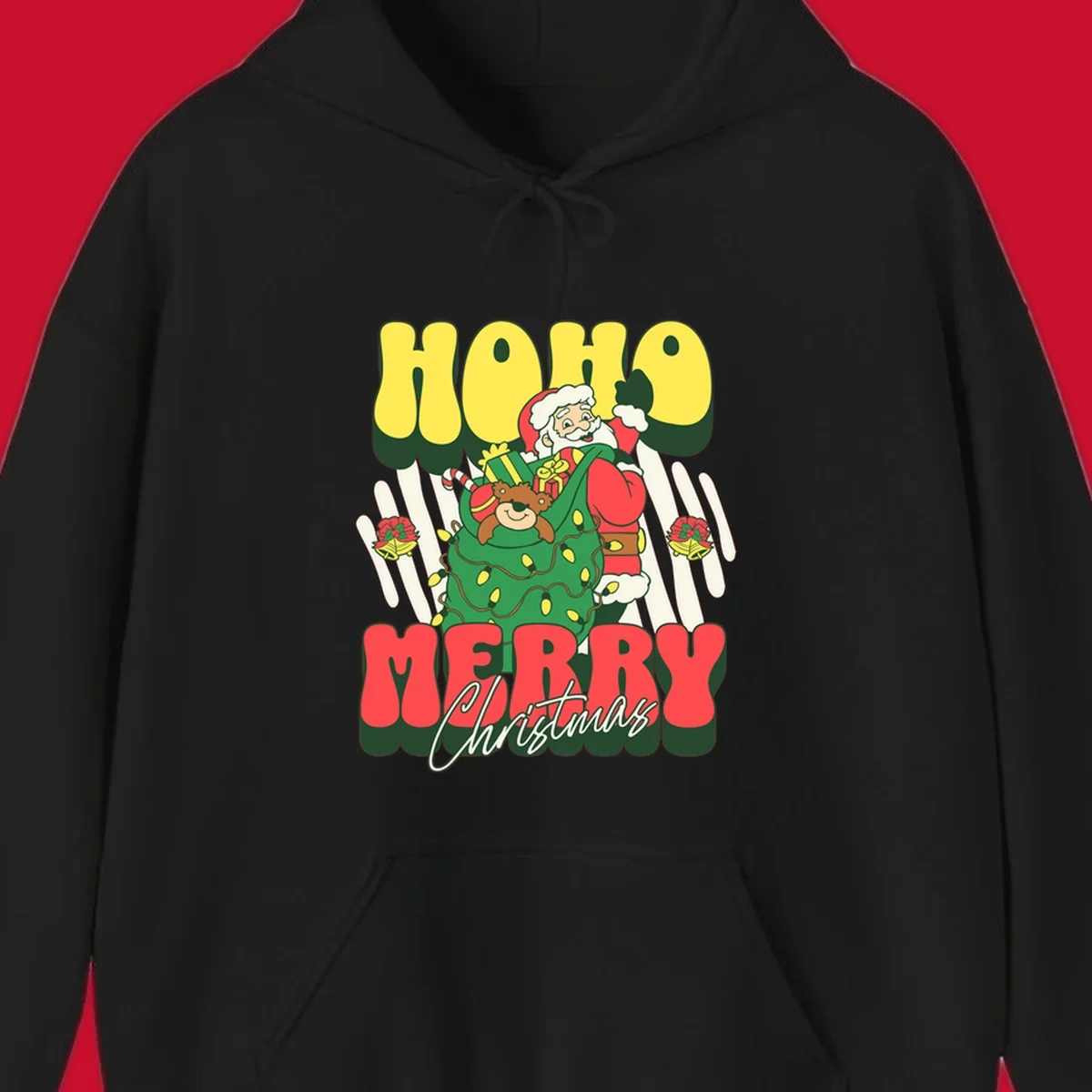 Ho ho christmas santa claus illustration with text, gifts, and lights.