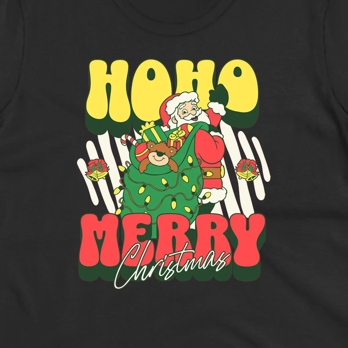 Ho ho christmas santa claus illustration with text, gifts, and lights.