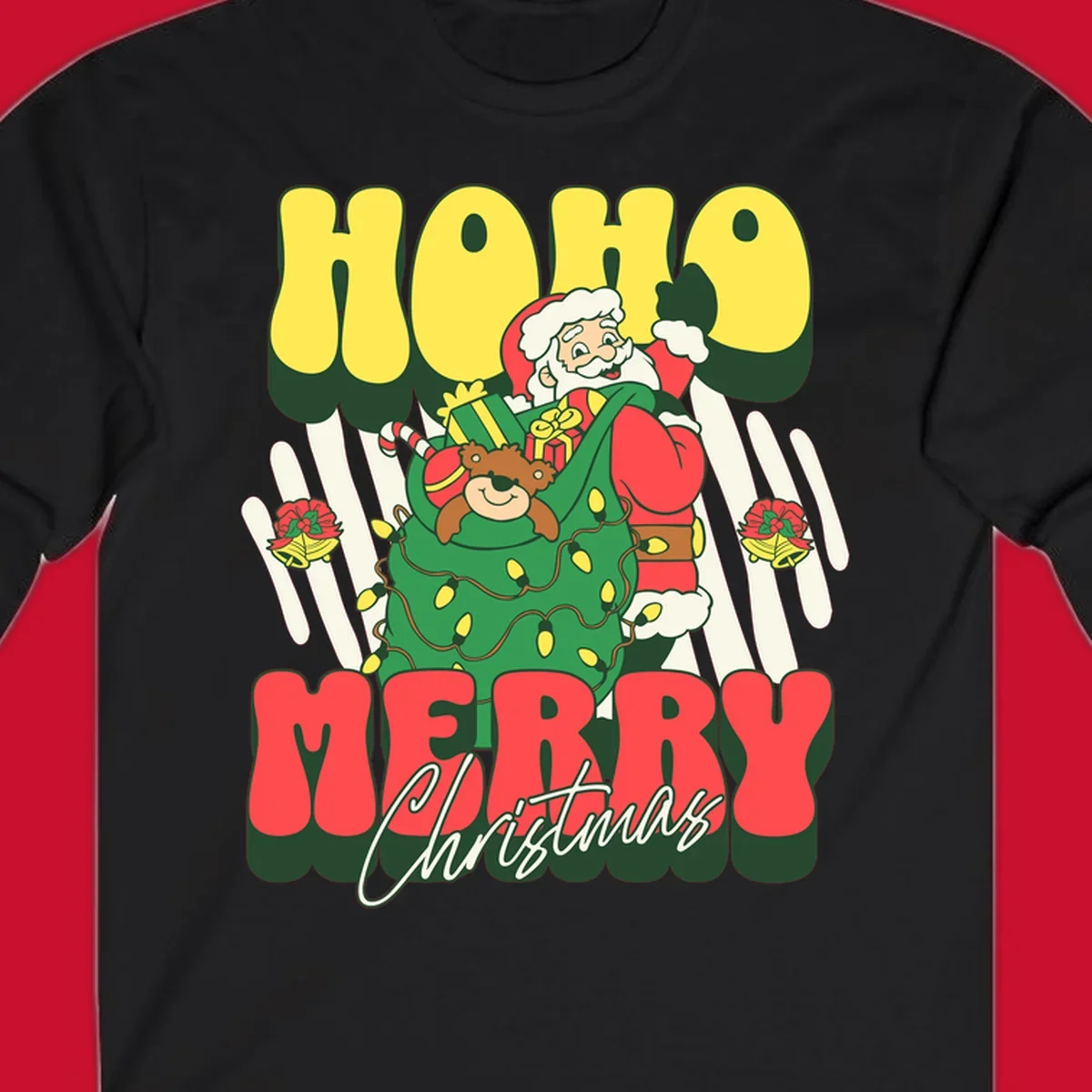 Ho ho christmas santa claus illustration with text, gifts, and lights.