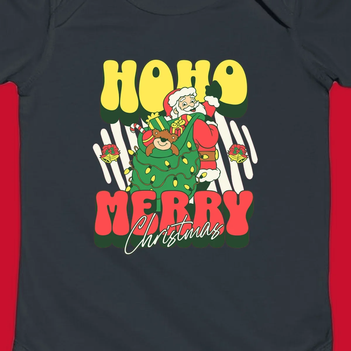 Ho ho christmas santa claus illustration with text, gifts, and lights.