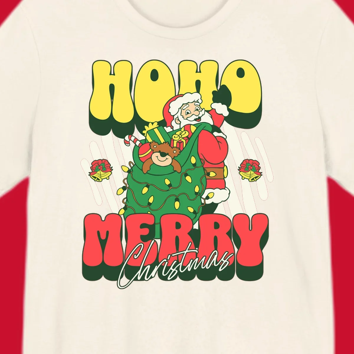 Ho ho christmas santa claus illustration with text, gifts, and lights.