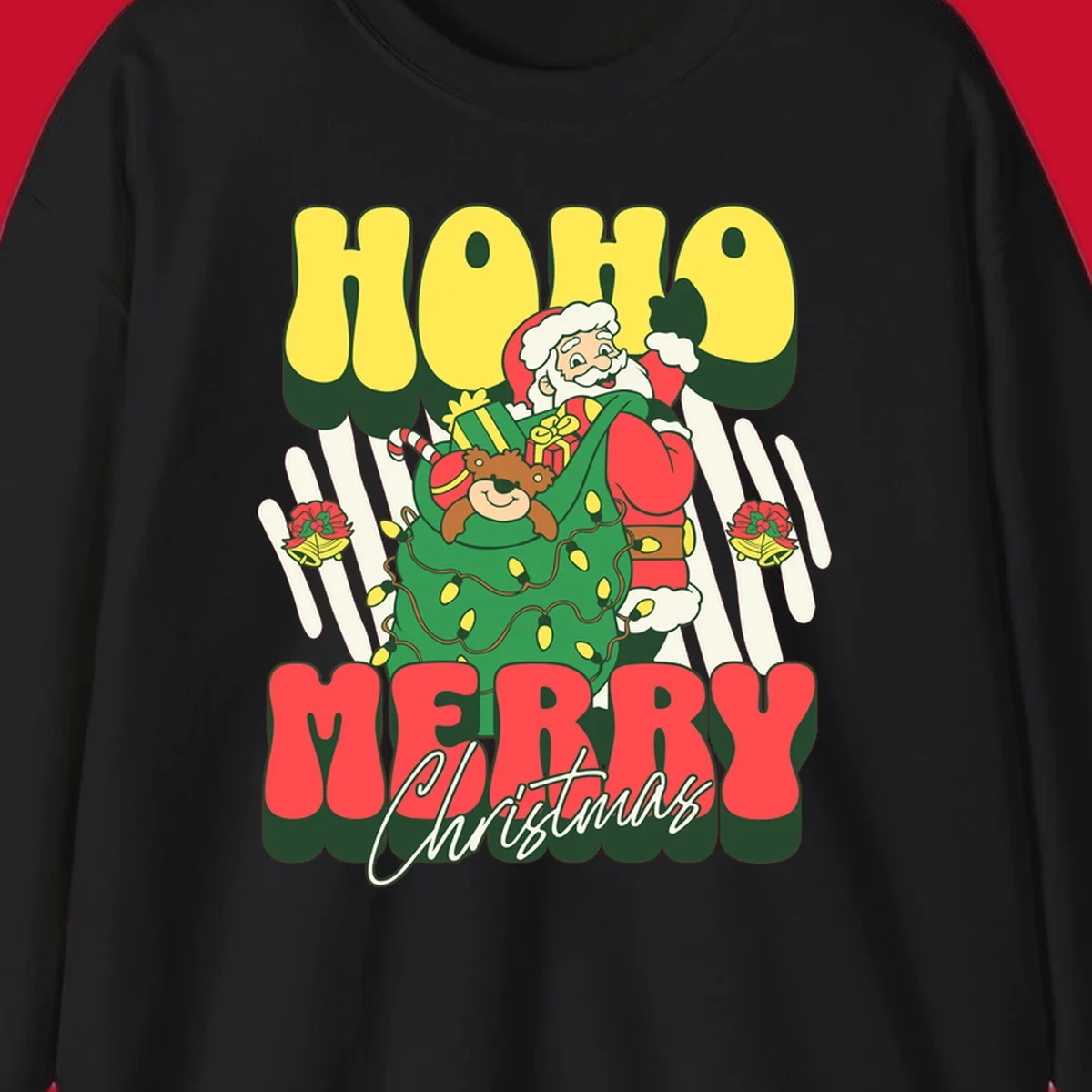Ho ho christmas santa claus illustration with text, gifts, and lights.