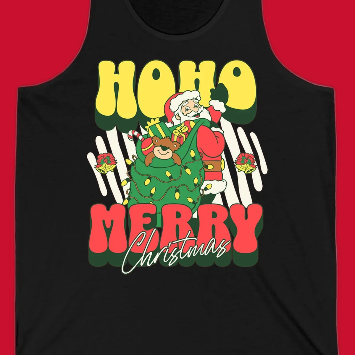 Ho ho christmas santa claus illustration with text, gifts, and lights.