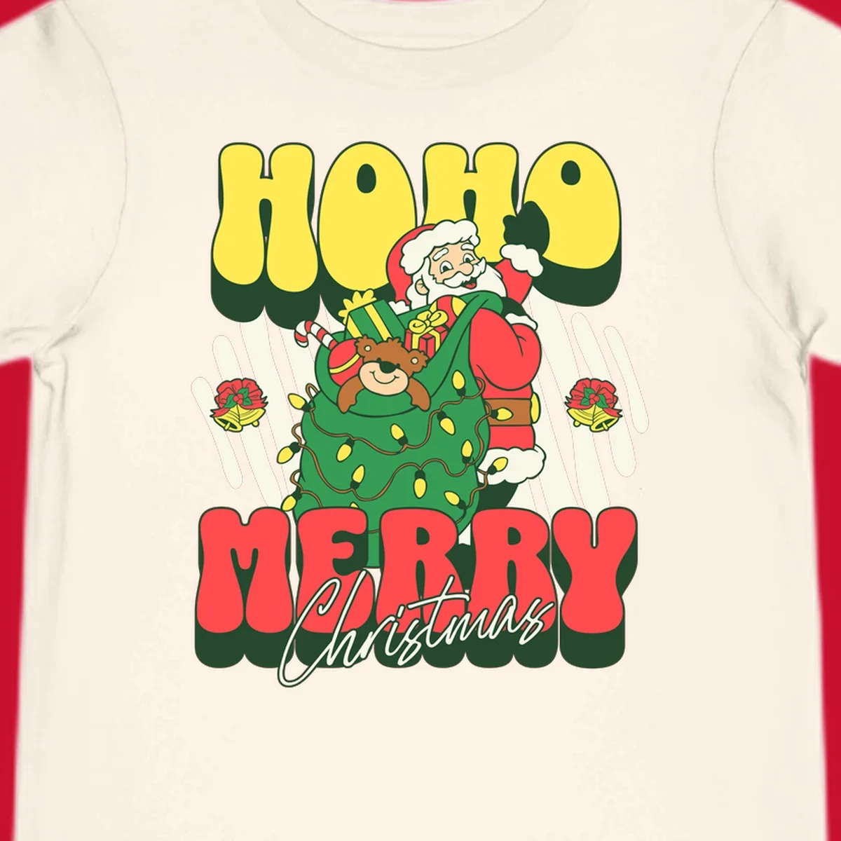 Ho ho christmas santa claus illustration with text, gifts, and lights.