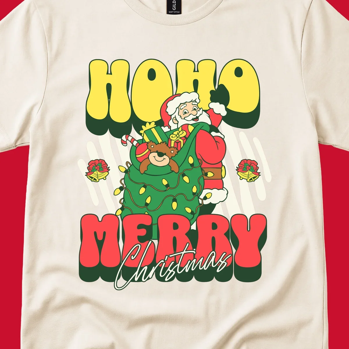 Ho ho christmas santa claus illustration with text, gifts, and lights.